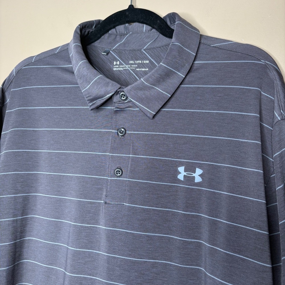 Under Armour Men 2XL HeatGear Polo Shirt Striped Loose Fit Golf Top Performance